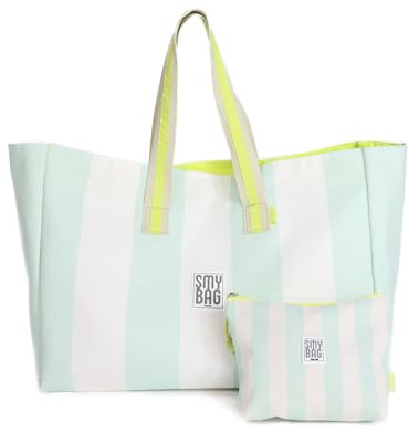 Ponette - Juego de Bolsa de Playa Familiar XXL de Rayas Mint y Blancas con Asas Arena y Lima, y Neceser Rayas Cremallera Lima, Playa, Piscina, Tote, Marca Española