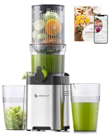 AMZCHEF Sin Preparación 120MM Slow Juicer - Limpieza Rápida Licuadora Prensado en Frio - Extractor 2L capacidad para verduras y frutas enteras [Clase de eficiencia energética A+++]