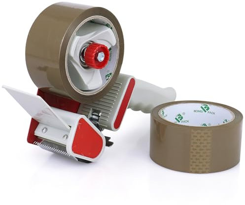 BOMEI PACK Lot de 2 rubans adhésifs marron - 50 m x 48 mm - Avec dérouleur - Pour paquets et cartons - Déménagement - Ruban d'emballage - Ruban d'emballage - Dévidoir de ruban d'emballage