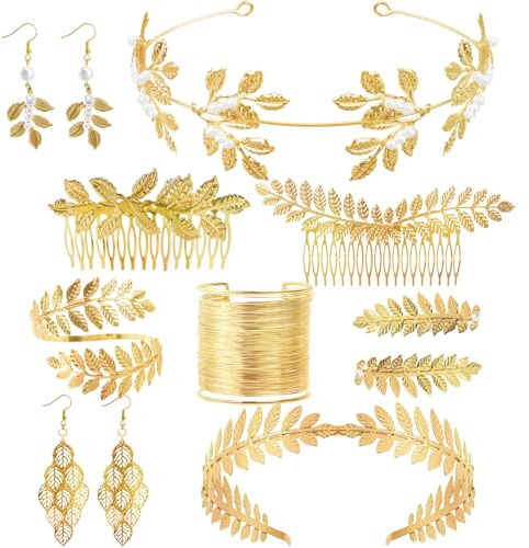 JYUHA 10 PCS Greek Goddess Costume Accessories Set, Wedding Bridal Jewellery Gold Leaf Headband Dangle Earrings Hair Clip Bracelet Coil Upper Arm, Grecian Costume Jewelry for Girls Women