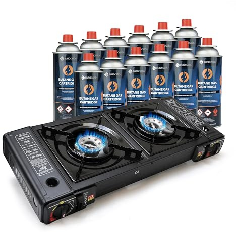 Eurocatch 2-burner Gas Cooker - incl. 12 Butane Gas Bottles - Gas Stove - Camping Cooker - Gas Burner - Gas Stove - Gas Cooker - Cooker