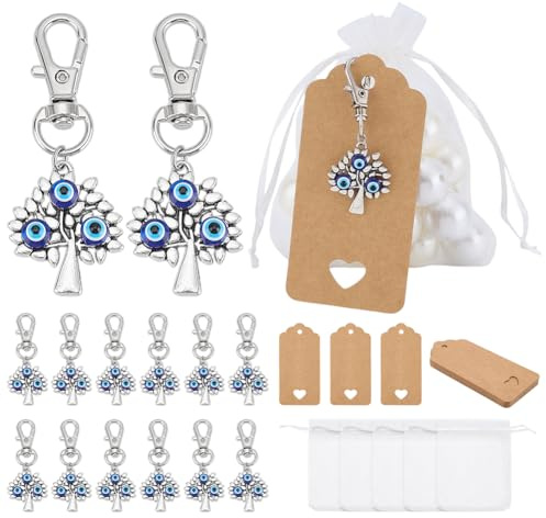 PH PandaHall 24 Set Portachiavi Albero Della Vita Bomboniere Sacchetti Albero della Vita Argento Sacchetti Regalo Organza Bomboniere Matrimonio Feste Piccole Borse a Rete per Battesimo Compleanni
