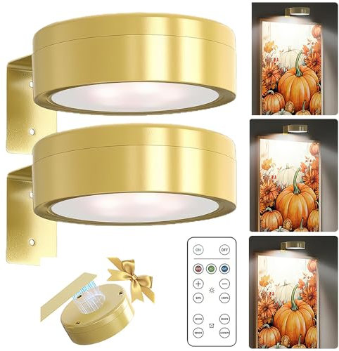 KBIBCK 2 Pacchi Luci da parete a batteria,Magnetic Painting Light, Luci Magnetiche Senza Fili, USB con Telecomando e Timer Luce Notturna Magnetica per Armadio Esposizione Pittura Arte Dipinti, Oro