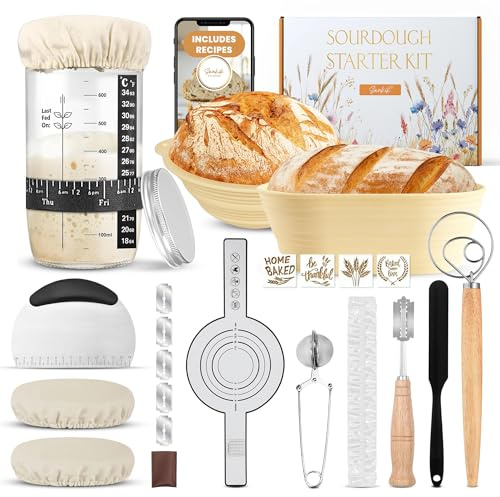 Complete Sourdough Starter Kit, Sourdough bread baking supplies, Great Gift Beginners Bread Makers 24oz Fermentation Jar 9 and 10 Silicone Banneton Bread Proofing Basket, sour dough Whisk,18 in 1