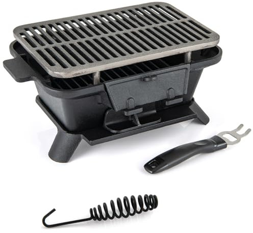 PNAJFUEL Barbecue En Fonte Pour Charbon de Bois, Barbecue de Table Avec Grille de Cuisson Double Face, Porte de Régulatde L'Air Et Porte Pare-Feu