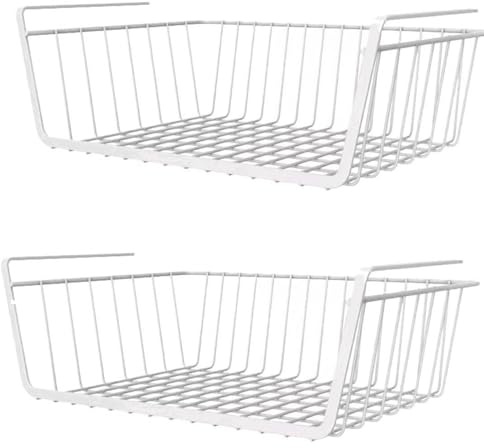 NTEK Under Shelf Storage Basket—Hanging Metal Wire Organizer, Kitchen, Bathroom, Pantry, Cabinet & Office—Durable Under Cabinet Shelf Rack to Maximise Space No Tools Required (WHITE 2PCS, 37CM)