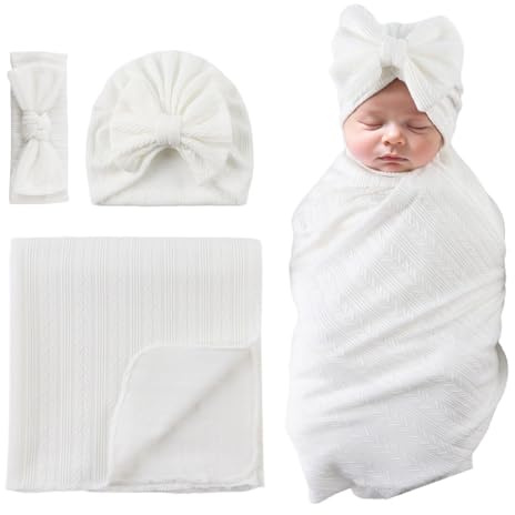 MniJiza Baby Pucktuch Neugeborenes Swaddle Kleinkind Mädchen Hut Stirnband Schlafsack (Weiß)