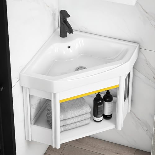 Lavabo de Salle de Bain Mural D'angle Meuble de Salle de Bain avec Robinet et Bonde Lavabos de Salle de Bain avec Bac de Rangement Lavabo de Salle de Bain avec Support pour Petit Espace(42*42*40cm/16.