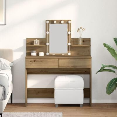 Brokky 868851 Toeletta con LED Rovere Artigianale 100x40x130 cm Toeletta Trucco,Scrivania Trucco per Camera da Letto,Toilette Trucco