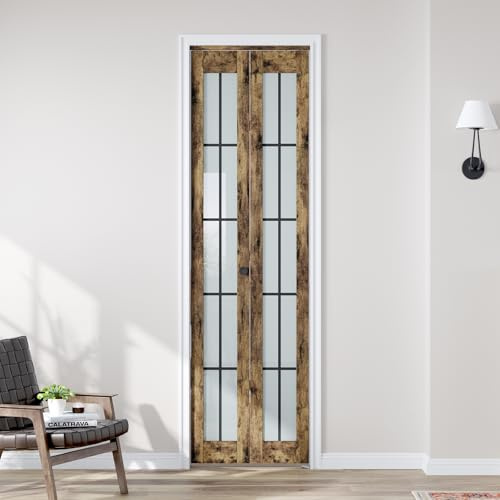 CEAKIAN Preassembled Bifold Closet Doors for 24 X 80 Opening, Country Style,Space Saving, Tempered Frosted Glass with Black Cross Grid, Bi folding Barn Door with Concealed Hardware Kit, Easy Install
