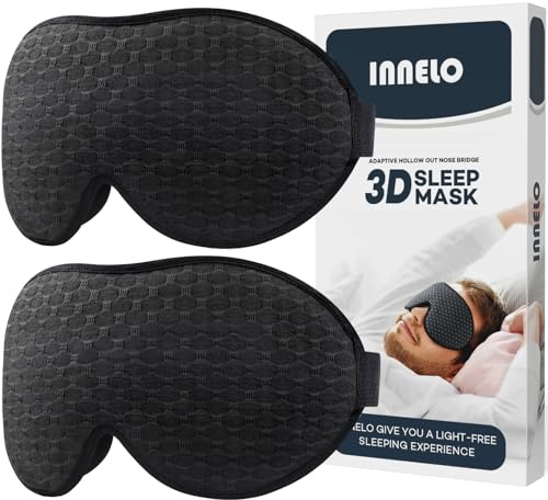 INNELO sömnmask för män och kvinnor, bekväm och andningsbar 3D-ögonmask, med djupa ögonhålor och förhöjda näsdynor, 100% ljusblockerande sömnmask med memoryskum för resor, svart+svart