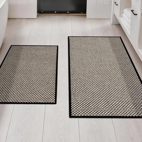 YIHOUSE Thin Bath Mat Black Bathroom Rugs Sets 2 Pieces, Non Slip Absorbent Mats Quick Dry, Woven Rugs Washable, Tapetes para Baño for Bathroom Toliet,Bathtub(17x24+17x32)