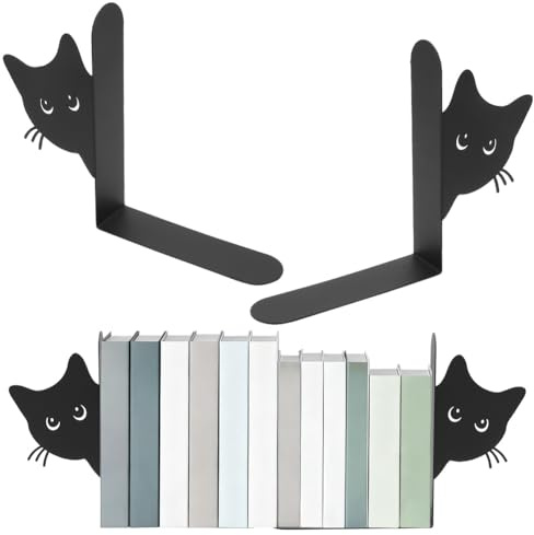 Buchstütze aus Metall, 2 Stück Kreativität Katze Bücherstütze 15×4×18 cm Schwarz Buchstützen mit Rutschfester Matte, Süß Katzengesicht Bücherhalter Dekoratives Buchstopper für Schule, Büro und Zuhause