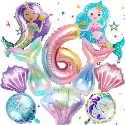 10 Stück Meerjungfrau Luftballons 6. Geburtstag Deko Mädchen | Meerjungfrauenflosse Ballons, Mermaid Folienballons, Kindergeburtstag Deko, für Unterwasser-Party, Ozean Thema Dekoration