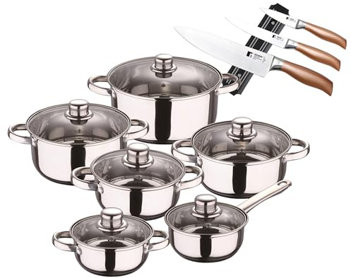 Batterie de cuisine 12 pièces San Ignacio en acier inoxydable + set de 3 couteaux en acier inoxydable avec support magnétique