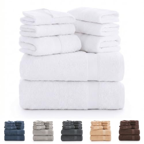 Todocama - Juego de 8 Toallas de Baño 100% Algodón (550 gsm) Extra Suaves, Alta Absorción y Secado Rápido, 2 Toallas de Baño, 2 de Mano y 4 de Cara (Blanco)