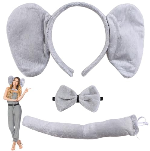 MUNSKT Elephant Headband with Ears Tail Bow Tie Set, Animal Costume Accessories for Fancy Dress Party, Halloween, Cosplay, Carnival, Christmas, Stage Show, World Book Day