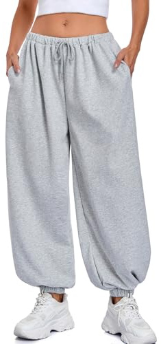 ATOFY Women's Baggy Balloon Pants Elastic Waist Wide Leg Barrel Pants Joggers Lounge Pants with Pockets Grey