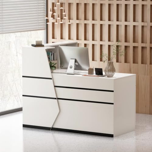PREMTURE Bancone per ricevimento, 140 x 100 x 110 cm, in MDF, bancone da reception con 1 cassetto, 1 armadio e cassetto per tastiera, bancone da ufficio, bancone di reception per ufficio e area di