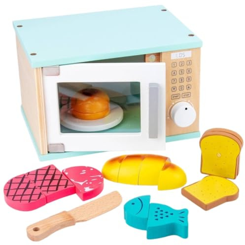 KQFCAZRE Jouet Réaliste Appareil Électroménager en Bois Jouet Sûre pour Tout-Petits , Four À Micro-Ondes en Bois avec Accessoires De Cuisine