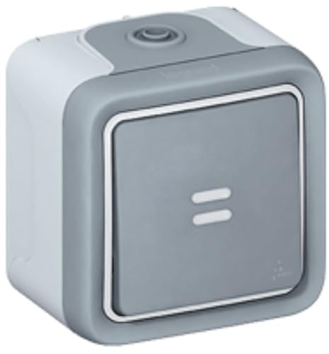 LEGRAND, Plexo Classic Feuchtraum-Aufputz-Wippschalter, Kontroll/ beleuchtet, Universal Aus-/Wechselschalter Kontroll mit Fenster, inkl. Glimmlampe, 10 A/250 V, IP55 - IK07, grau, 069712
