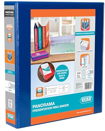 Elba A4 4 D-Ring Binder, 40mm capacity, 60mm spine, Presentation Folder with Customisable Cover, Portrait, Blue (Single)