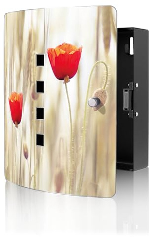 banjado Design Schlüsselkasten aus Edelstahl für 10 Schlüssel - Schlüsselschrank zur Schlüssel Aufbewahrung 24 x 21,5 x 7cm groß mit praktischem Magnetverschluss - Motiv Klatschmohn