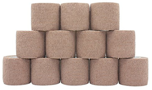COMOmed 12 Stück Kohäsive Bandage Fixierbinde Selbsthaftend Elastisch 5 cm breit x 4,5 Meter dehnbar,Wundverband, Verband Hand, Elle, Knie, Fuß, Gelenkte, Fingerverband, Pflasterverband, Braun