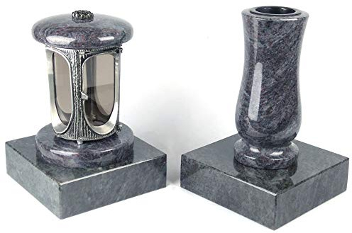 designgrab Tombe Lampe en Aluminium Aspect Ancien en Aluminium et Vase funéraire en Taille de Medium et 2 pièces Socle rectangulaire en Granite Orion Blue/Coromandel/Bahama Blue
