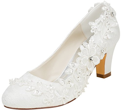 Emily Bridal Scarpe da Sposa Donna Seta Come Raso Tacco Spesso Stiletto con Punto Pizzo Fiore Perla di Cristallo, Avorio, 36 EU