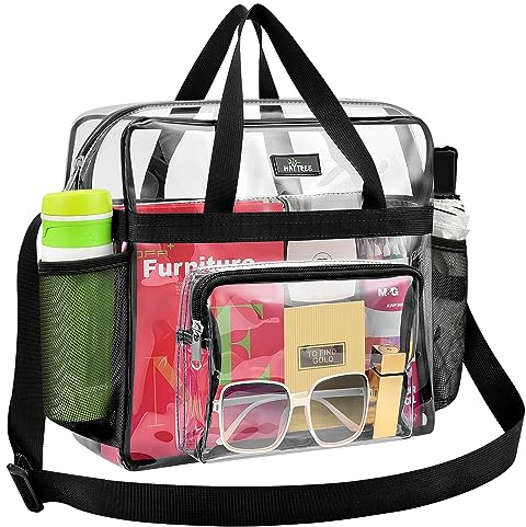 MAY TREE Clear Bag for Stadium Events, 12×5.5×12 Clear Tote Lunch Bag with Non-detachable Reinforced Straps for Work, Sporting Events and Gym, Black