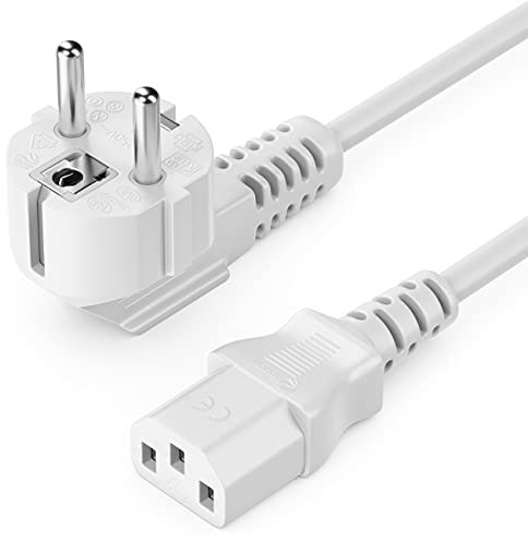 deleyCON 3,0m Cavo di Alimentazione Cavo di Rete Cavo di Corrente Spina con Impianto di Terra Tipo F (CEE 7/4) 90° Angolato a Connettore IEC C13 Femmina PC Computer Monitor - Bianco