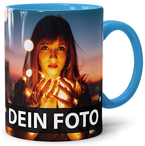 Foto-Tasse zum selbst gestalten mit Foto und Text/mit individuellen Druck in Profiqualität/Personalisierte Geschenk-Idee mit Bild/XXL-Druck/Hellblau