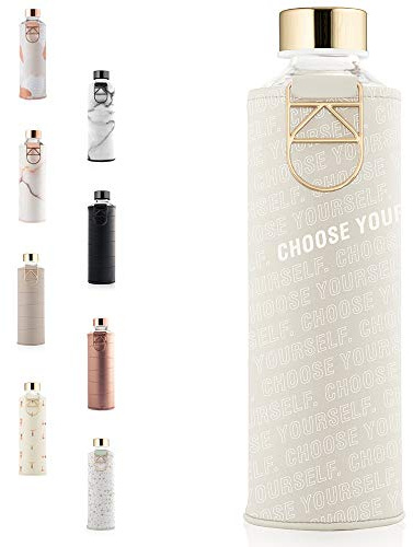 EQUA Glas-Wasserflasche mit Kunstlederh lle, 750 ml, auslaufsicher und BPA-frei, 100 % Borosilikatglas, MM faux CY, Weiß, Wählen Sie Selbst, Rauchgrau/Hellbraun