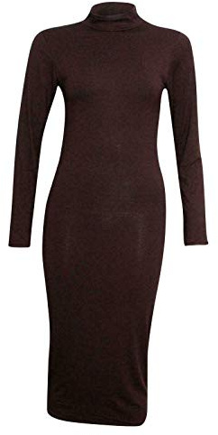 R&N FASHIONS Womens Polo Turtle Neck Long Sleeve Plain Stretch Bodycon Ladies Midi Dress (Chocolate, 12-14)