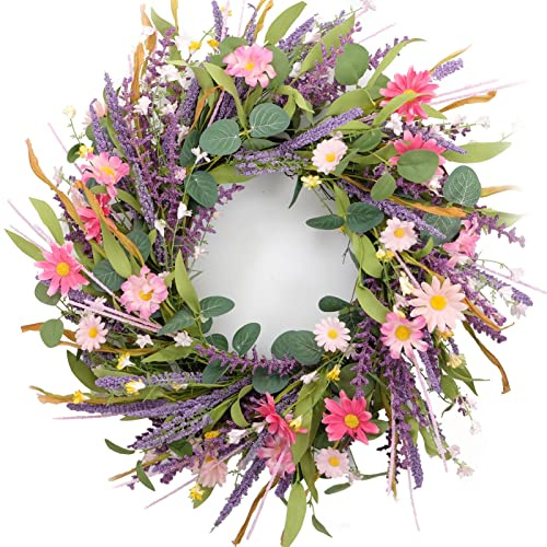 CIR OASES 22inch Artificial Spring Summer Wreath Lavender with Colorful Flowers,Green Leaves for Front Door Home Wall Party Decor