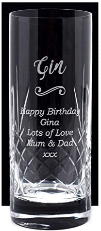 Regalo Personalised Engraved Crystal Highball Glass - Gin Design | Diamond Cut, Up to 5 Lines of Your Own Message | Glass Only, Drink Not Included | 18+ (Cardboard Gift Box)