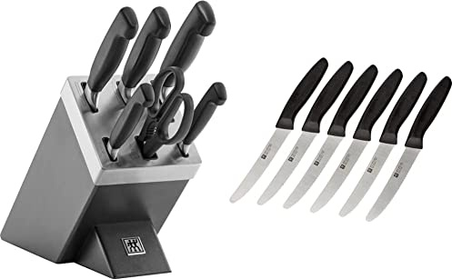 ZWILLING Selbstschärfender Messerblock, 7 teilig, grau, Vier Sterne & 1002672 Messer-Set, 6-tlg., Küchenmesser, Klingenlänge: 12 cm, Rostfreier Spezialstahl/Kunststoff-Griff, Twin Grip, Schwarz