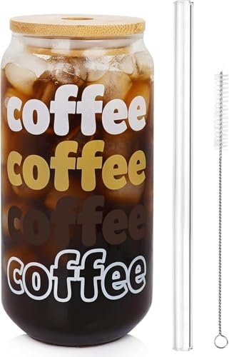 ANOTION Iced Coffee Cup with Lids and Straw, Beer Can Shaped Glass Bamboo Cover 20 Oz/568ml Reusable Drinking Glasses Tumbler for Travel Office Home Ice Tea