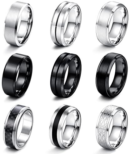 LOLIAS 9 Stück Edelstahl Herren Ringe Silber Schwarz Matt Finish Poliert Band Ringe Flaschenöffner Ringe Ehering Verlobungsringe Vintage Fidget Ring für Männer Damen