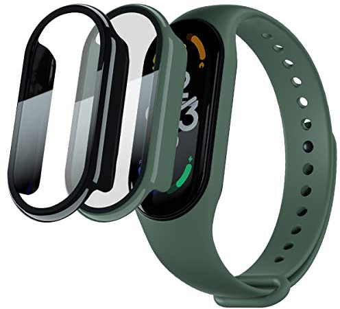 Acadeny - Carcasa protectora de pantalla de cristal templado para xiaomi band 7, funda protectora 9H dureza 360° grados, carcasa protectora de PC ultrafina para -negro+verde