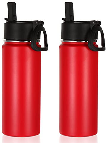 Volhoply 530ml Trinkflasche Edelstahl Zwei Packungen,Doppelwandig Vakuum Isolierte Thermosflasche mit Strohhalm,Metall Water Bottle,BPA-Frei Thermoskanne für kinder, Sport, Schule,Outdoor(Rot,2 Set)
