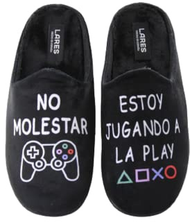 LARES - Zapatillas Casa para Hombre y niño Play Colorines. Color: Negro Talla: 41 - Frase Divertida No molestar jugando a la Play Suela Goma.