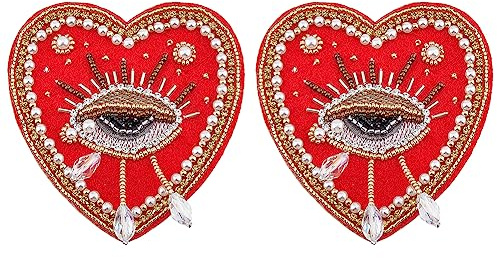 SUPERFINDINGS 2 Stück Rote Weinende Augen Applikationen Stickerei Zum Aufnähen Auf Kleidung 85x84x10mm Vintage Perlen Glasperlen Nähen Handgefertigte Polyester Stoff Patches