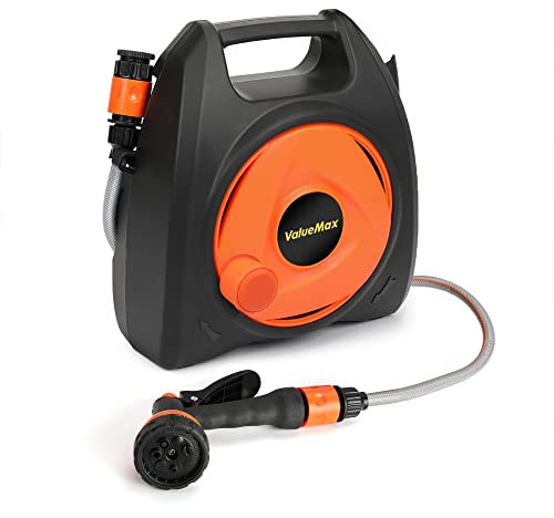 Valuemax Hose Reel 10m, Portable or Wall Mounted Hose Pipe Reel with 7 Adjustable Spray Gun Nozzles, Retractable and Simple Rewind, Lightweight Garden Hose Reel for Small Gardens