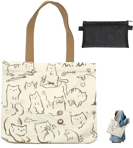 Borsa Tela per le Donne, Riutilizzabili Carino Grande Gatto Borsa di Tela Borse di Tela con Zip e Tasche Shopper Bag, con Sacchetto a maglia per il Lavoro Scolastico Spiaggia Viaggi Shopping (Beige)