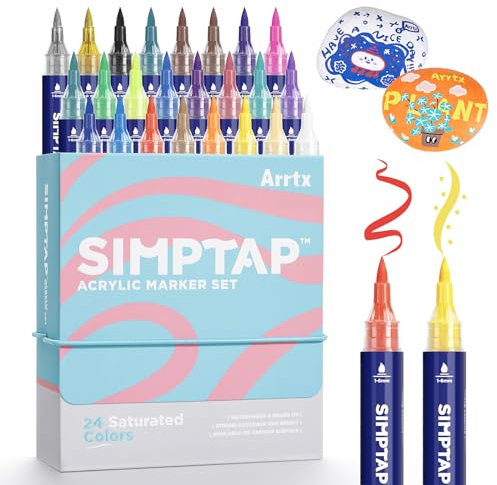 Arrtx Simptap Series - Marcadores acrílicos, rotuladores de pintura acrílica con punta de pincel para pintura de roca, manualidades, madera, vidrio 24 piezas