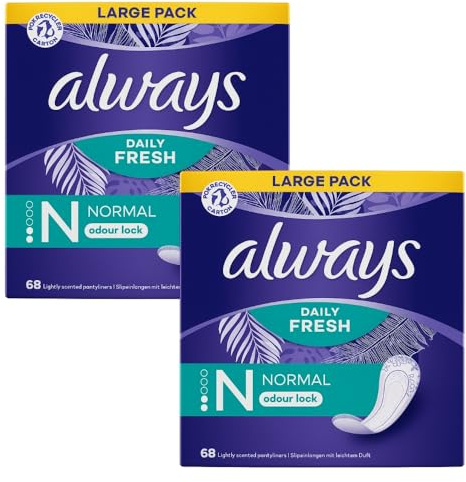 Always Dailies Normal Pantyliners, 2 Packs of 46, 92 in Total, Up to 100% Odor Control, Daily Freshness, Feminine Hygiene Protection, Enhanced Absorbency, Comfort Inlay, Stay Fresh Throughout The Day