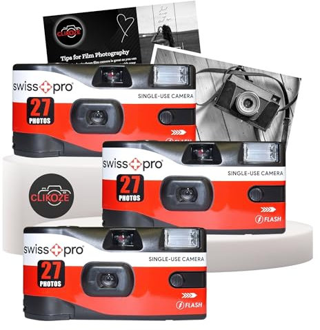 Disposable Camera Bundle with Swiss+Pro Disposable Camera Single-Use Film Cameras with 27 Exposures and Clikoze Disposable Photography Tips Card (3 Pack)