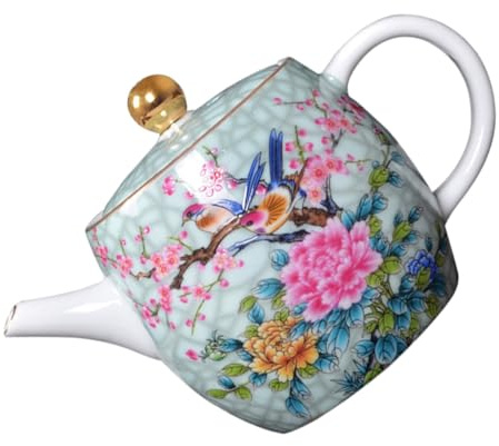 GOOHOCHY Hand Painted Porcelain Teapot Flower and Bird Design 5.51In Ceramic Tea Kettle Heat Resistant for Home Office Tea Serving